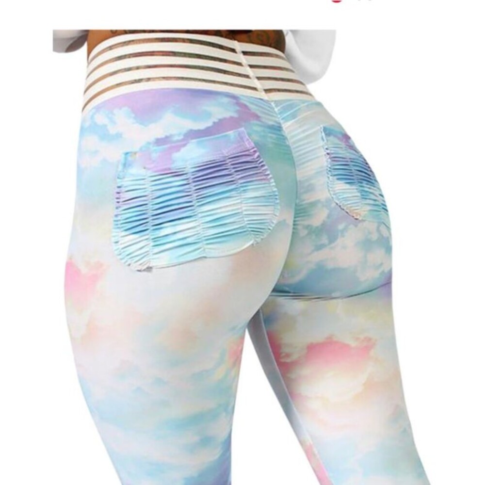 Cute Booty by Kelly Nishimoto Women's Ruched Butt Leggings White Blue Pink XXL
